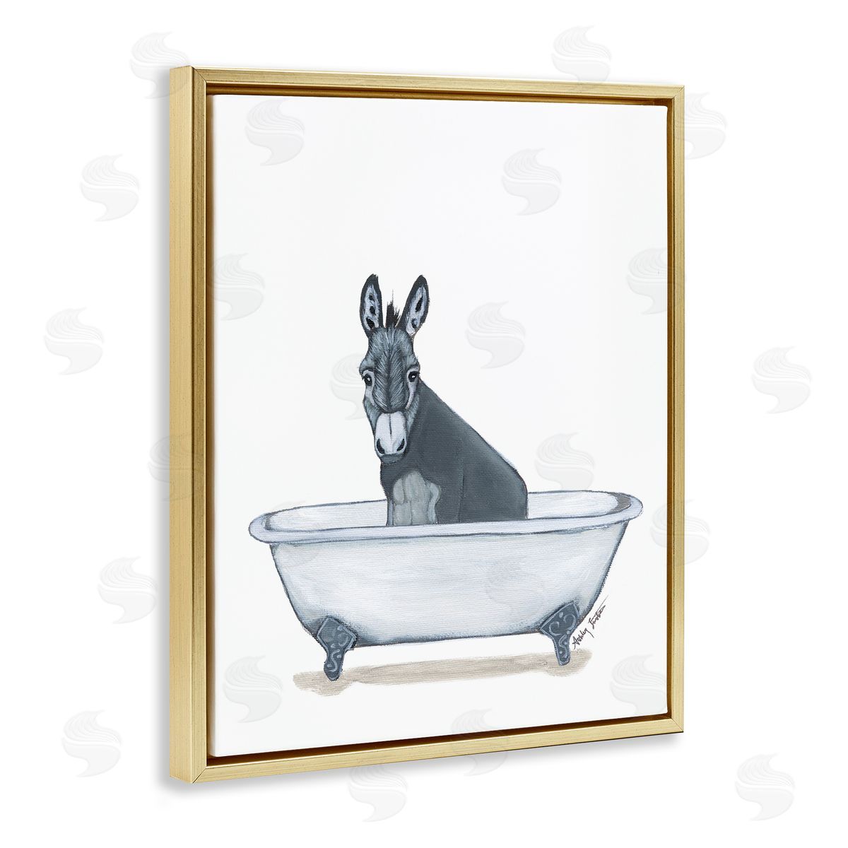Donkey in Tub Sketch Gold Floating Frame Canvas Wall Art, Home Decor by Amber Sterling