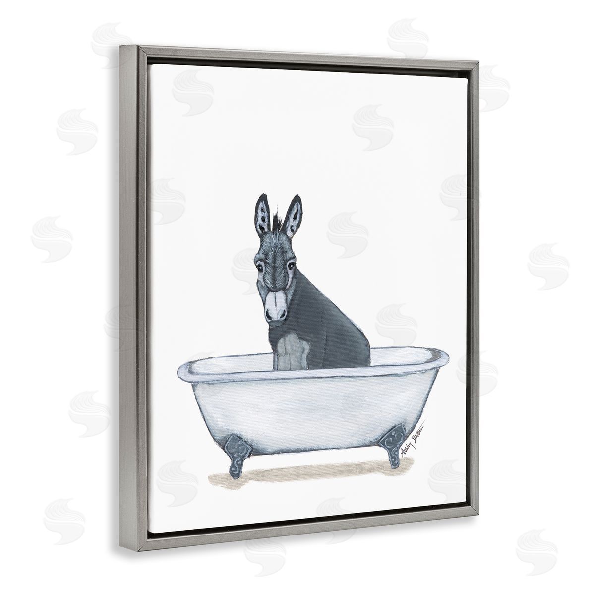 Donkey in Tub Sketch Grey Floating Frame Canvas Wall Art, Home Decor by Amber Sterling