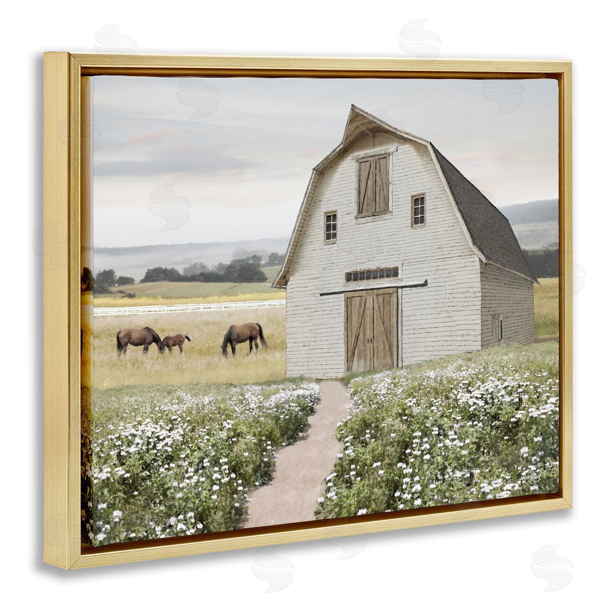 Amber Sterling Charming Path to Barn Gold Floating Frame Canvas Wall Art Print