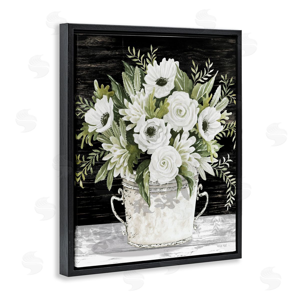 Cindy Jacobs White Flowers Country Tin Black Floating Frame Canvas Wall Art Print