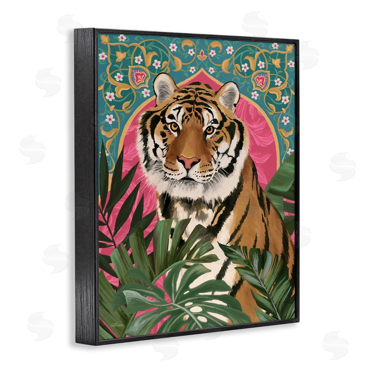 Cat Thurman Designs Arabesque Tiger & Plants Black Framed Giclee Wall Art Print