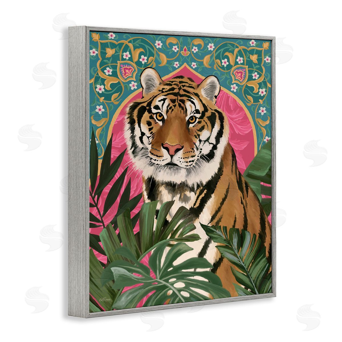 Cat Thurman Designs Arabesque Tiger & Plants Gray Framed Giclee Wall Art Print