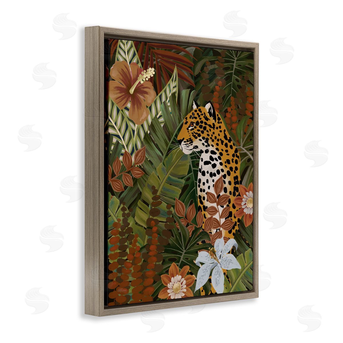 Cat Thurman Designs Hibiscus Jungle Leopard Brown Floating Frame Canvas Wall Art Print