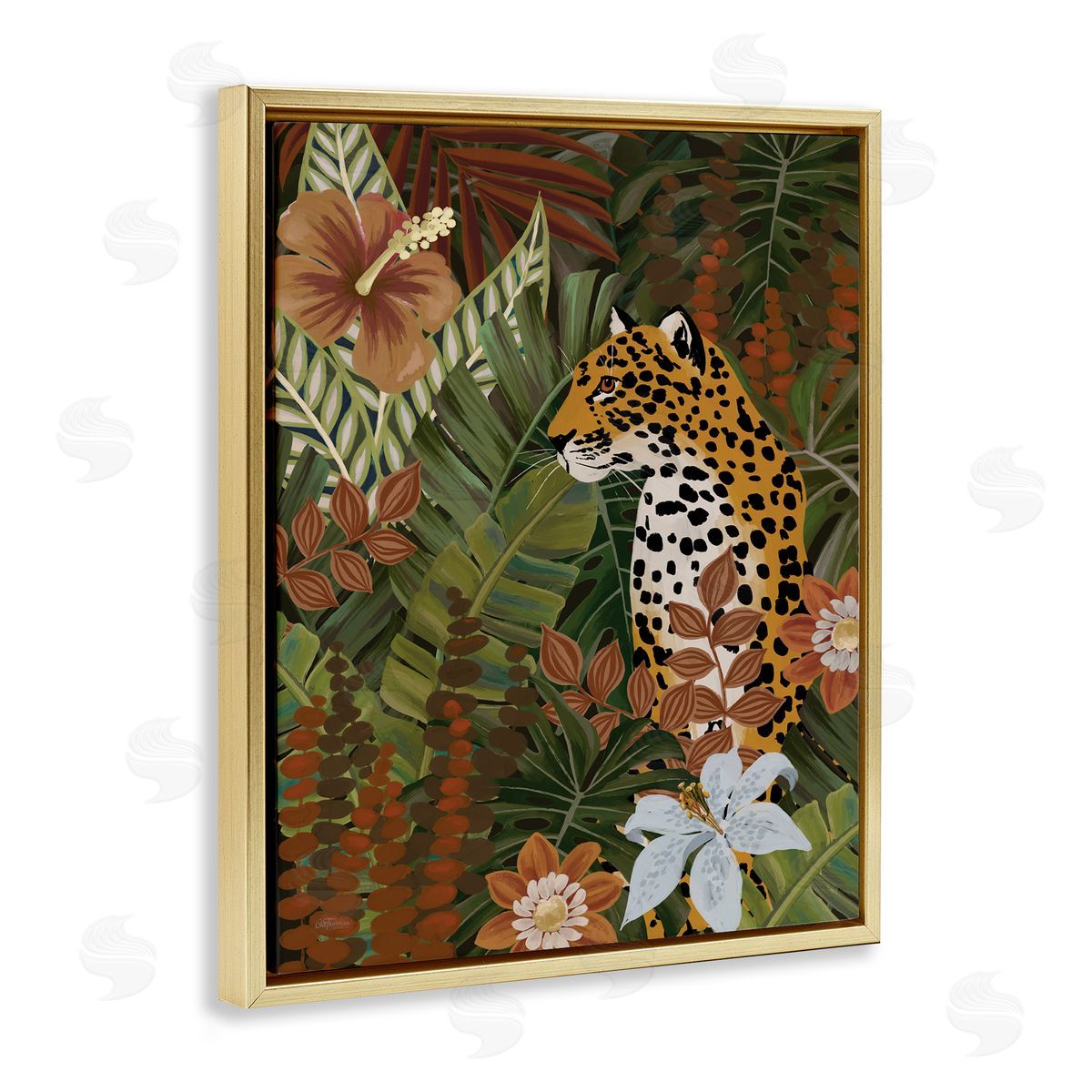 Cat Thurman Designs Hibiscus Jungle Leopard Gold Floating Frame Canvas Wall Art Print