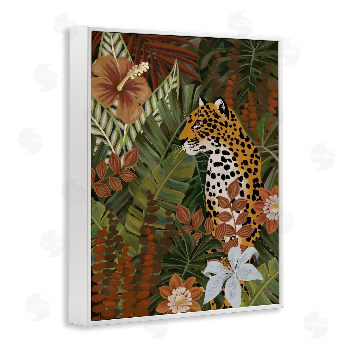 Cat Thurman Designs Hibiscus Jungle Leopard White Framed Giclee Wall Art Print