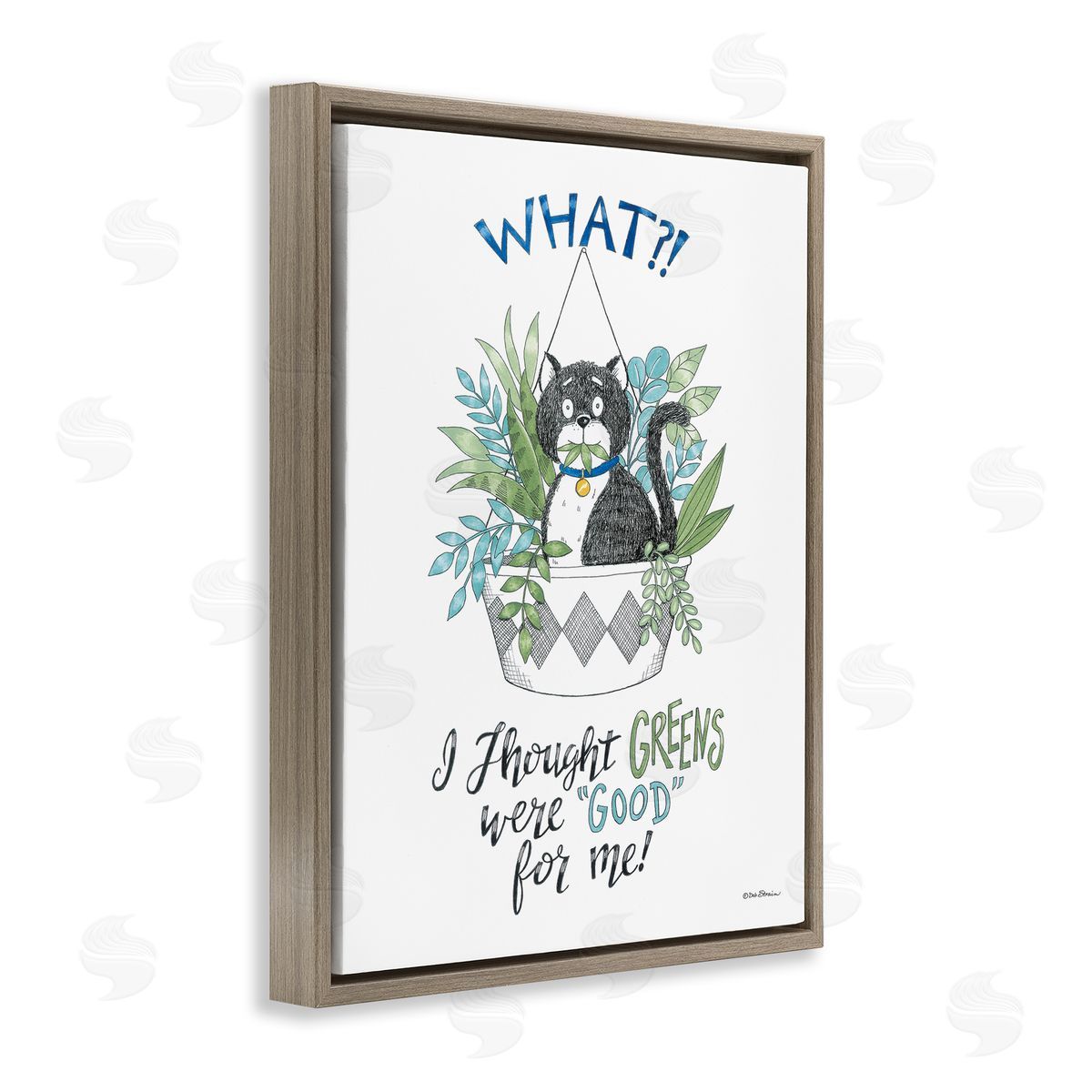 Deb Strain Funny Cat Eating Plant Brown Floating Frame Canvas Wall Art Print