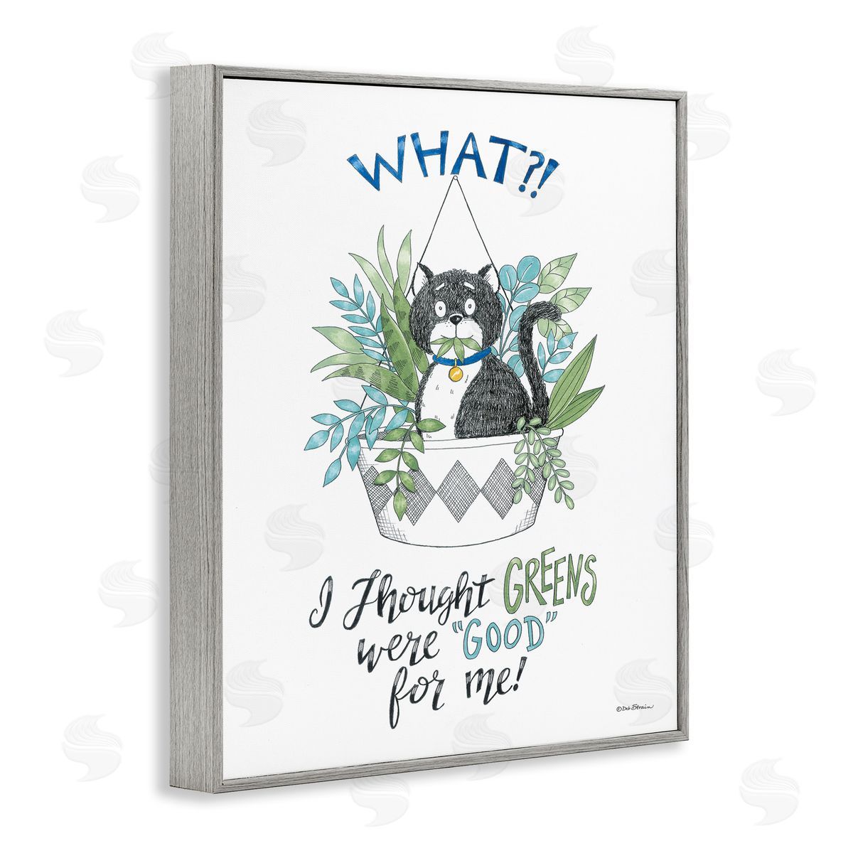 Deb Strain Funny Cat Eating Plant Gray Framed Giclee Wall Art Print