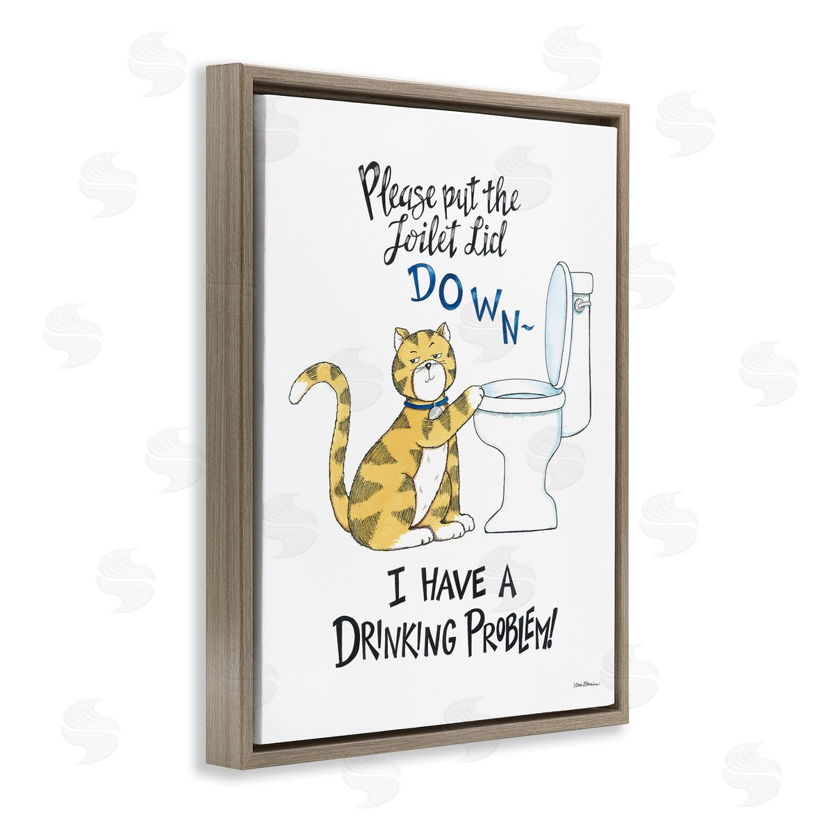 Deb Strain Funny Cat & Toilet Brown Floating Frame Canvas Wall Art Print