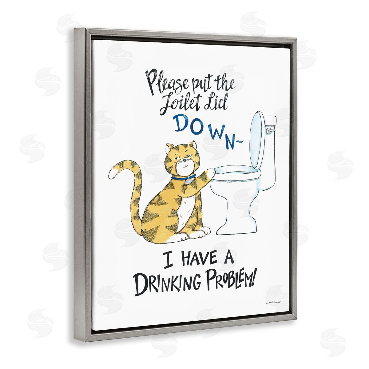 Deb Strain Funny Cat & Toilet Gray Floating Frame Canvas Wall Art Print