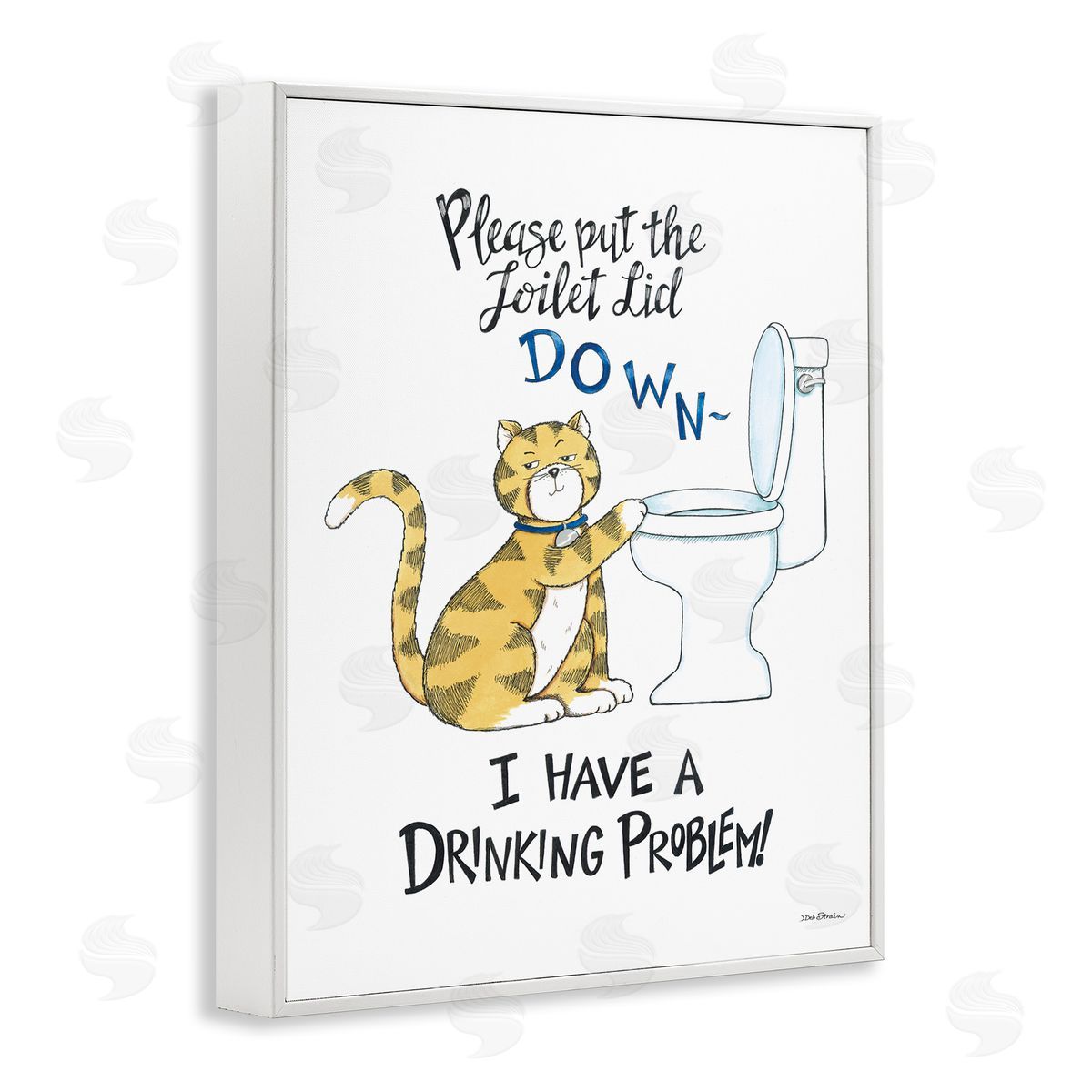 Deb Strain Funny Cat & Toilet White Framed Giclee Wall Art Print
