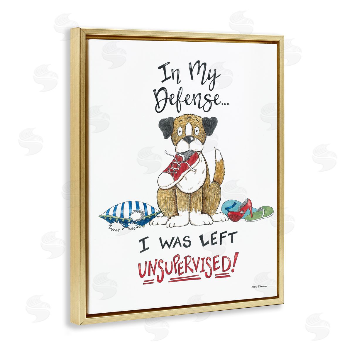 Deb Strain Left Unsupervised Dog Gold Floating Frame Canvas Wall Art Print