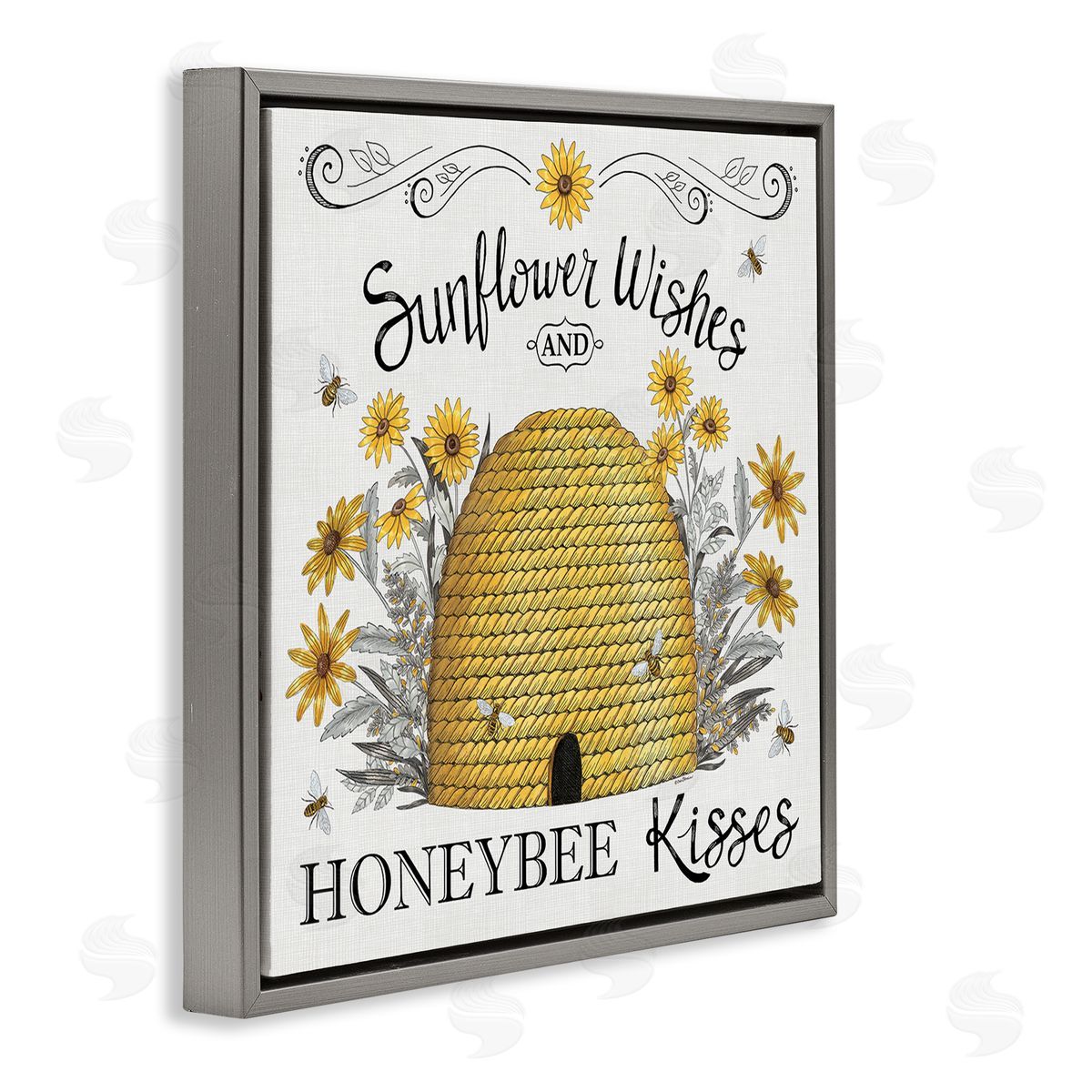 Elizabeth Tyndall Sunflower Wishes Honeybee Kisses Gray Floating Frame Canvas Wall Art Print