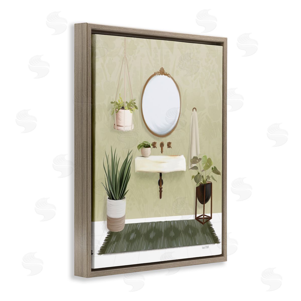 House Fenway Soothing Bathroom with Plants Brown Floating Frame Canvas Wall Art Print