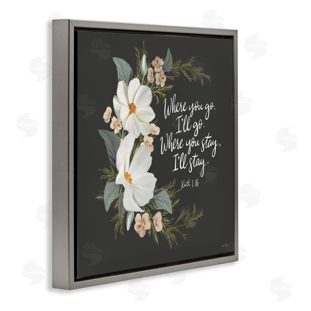 House Fenway Spiritual Scripture with Florals Gray Floating Frame Canvas Wall Art Print
