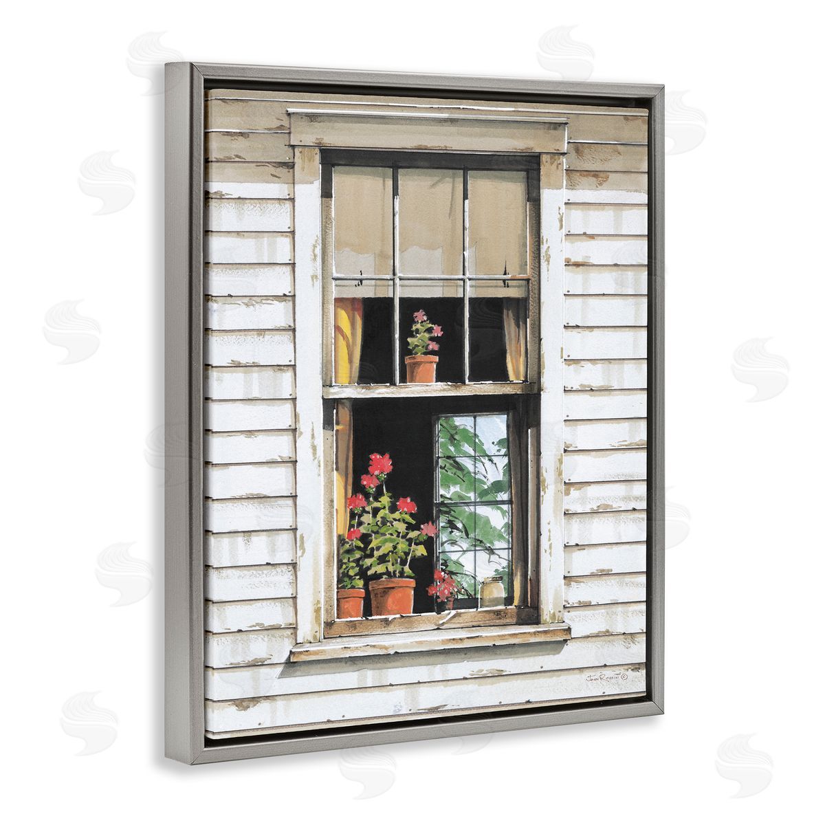 John Rossini Cottage Window View Gray Floating Frame Canvas Wall Art Print