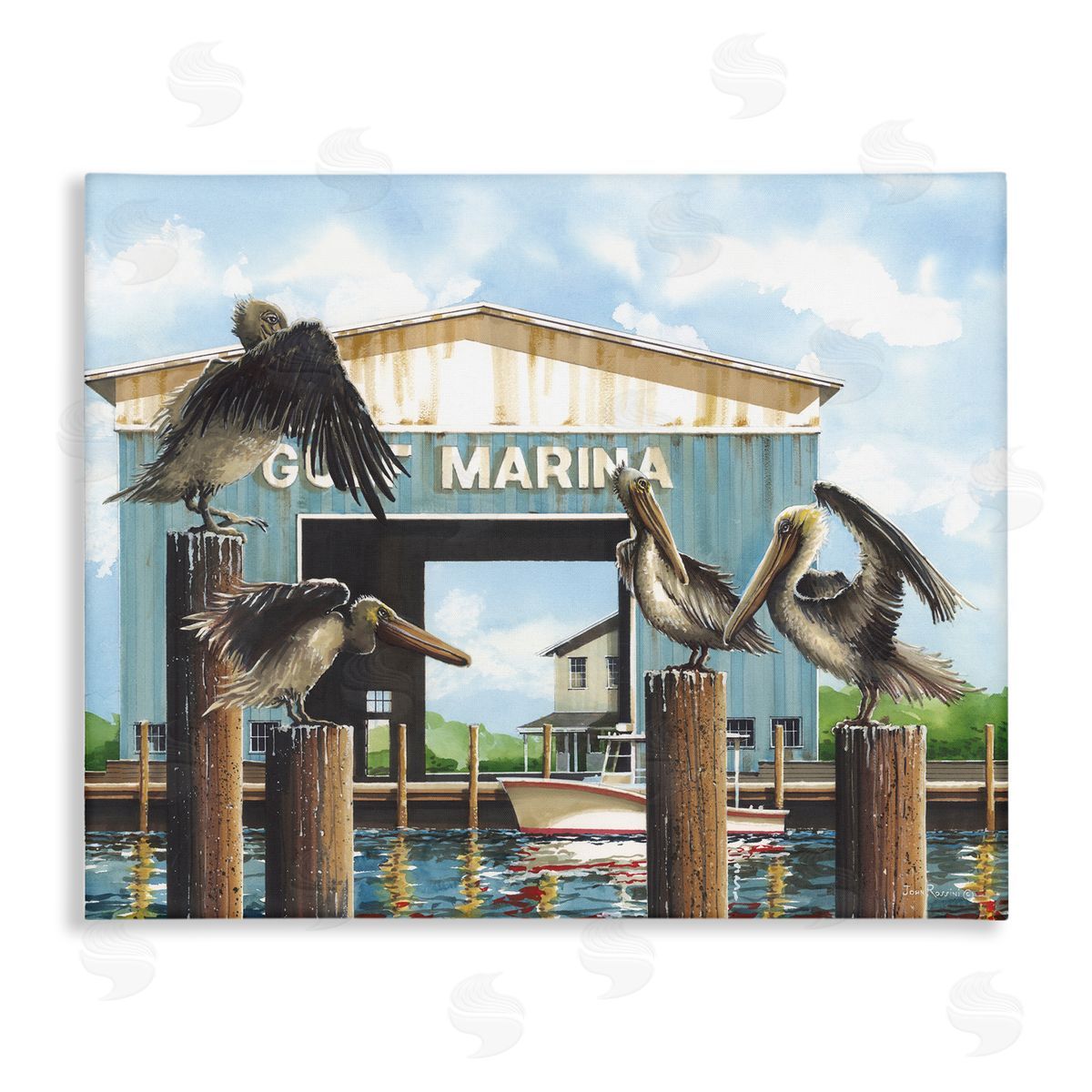 John Rossini Boat Marina Pelicans Canvas Wall Art Print