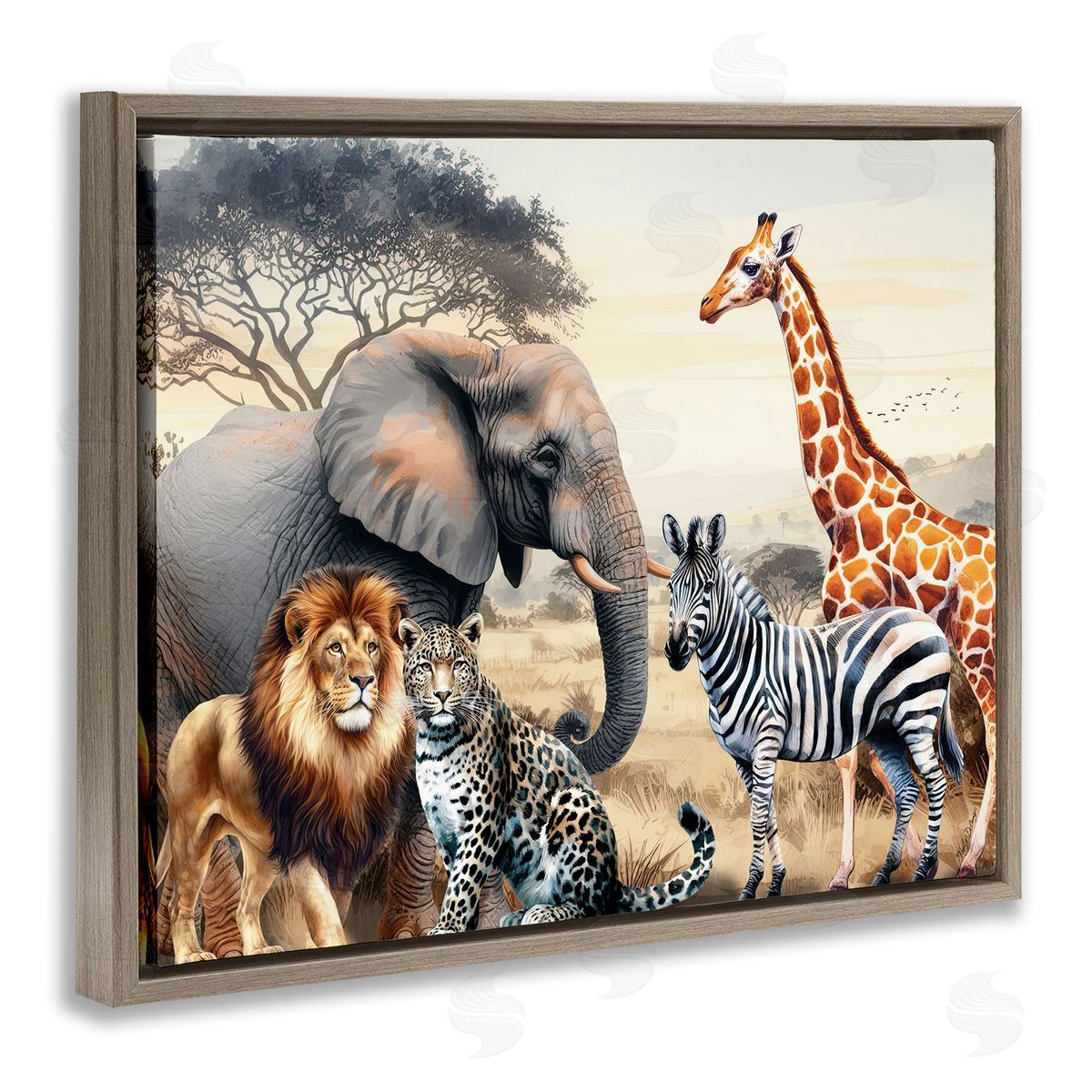 Nicole DeCamp Grouped Jungle Animals Brown Floating Frame Canvas Wall Art Print