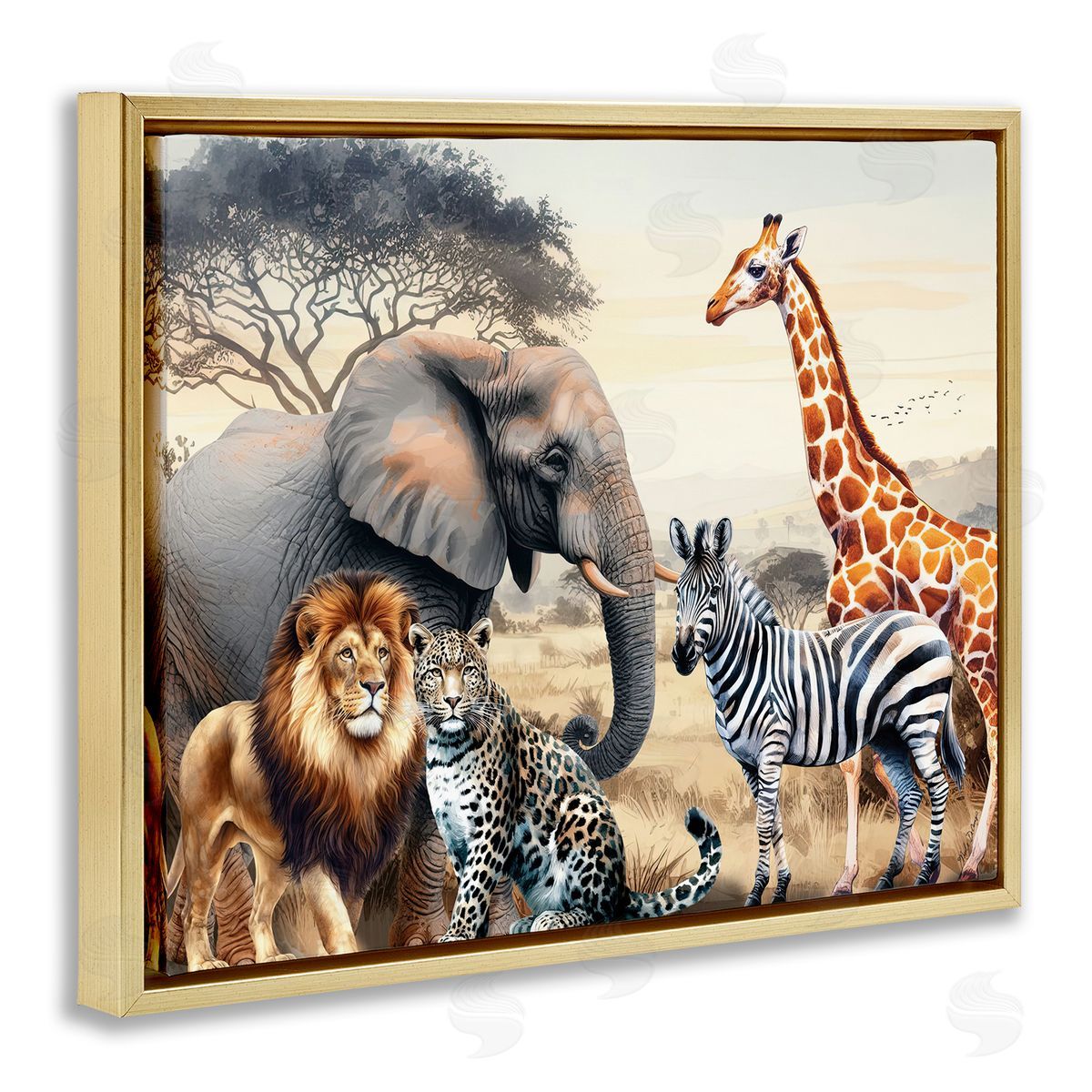 Nicole DeCamp Grouped Jungle Animals Gold Floating Frame Canvas Wall Art Print