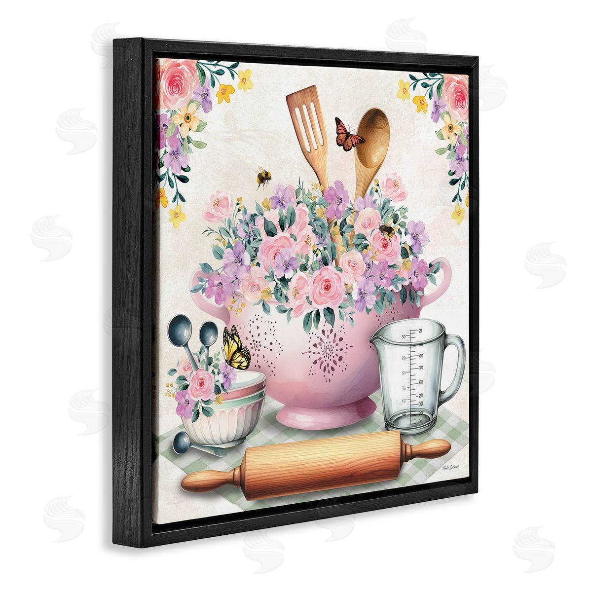 Nicole DeCamp Pink Florals & Utensils Black Floating Frame Canvas Wall Art Print