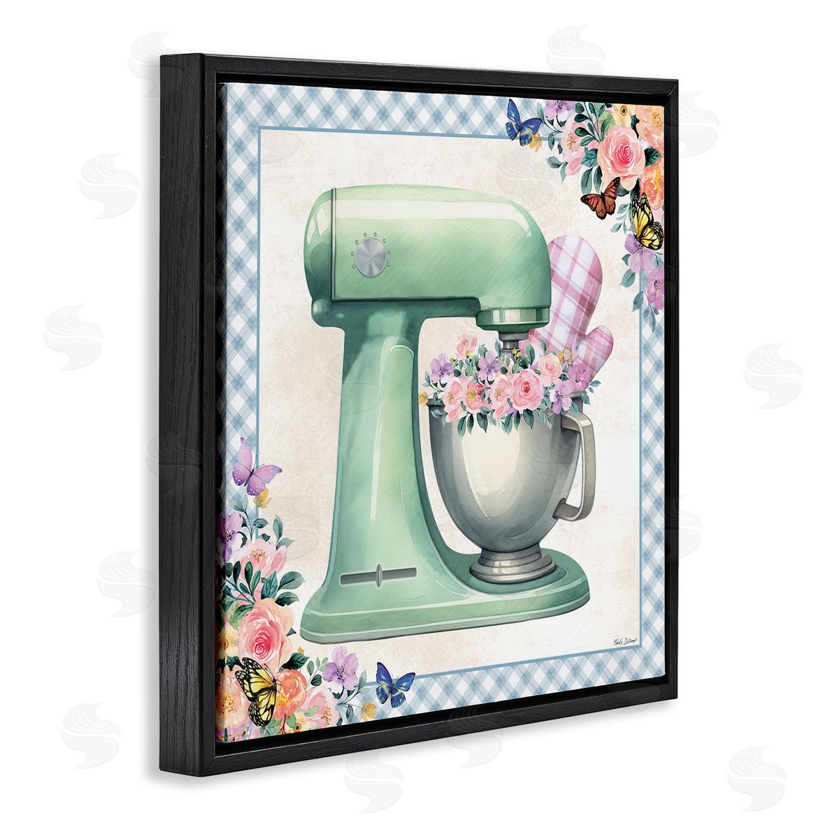 Nicole DeCamp Kitchen Mixer with Flowers Black Floating Frame Canvas Wall Art Print