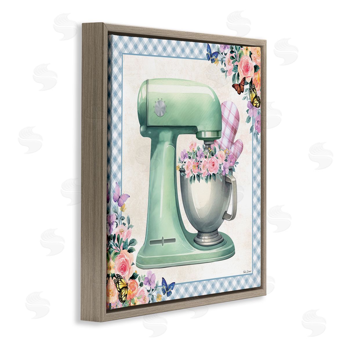 Nicole DeCamp Kitchen Mixer with Flowers Brown Floating Frame Canvas Wall Art Print