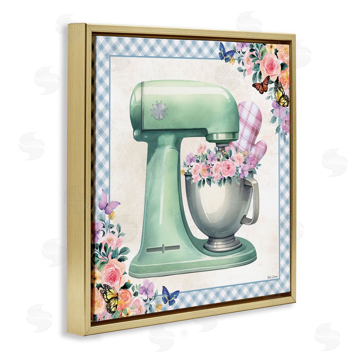 Nicole DeCamp Kitchen Mixer with Flowers Gold Floating Frame Canvas Wall Art Print