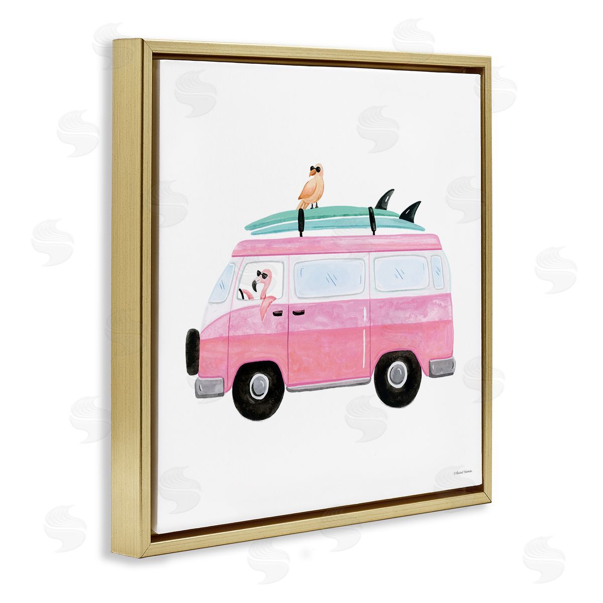 Rachel Nieman Summer Birds & Van Gold Floating Frame Canvas Wall Art Print