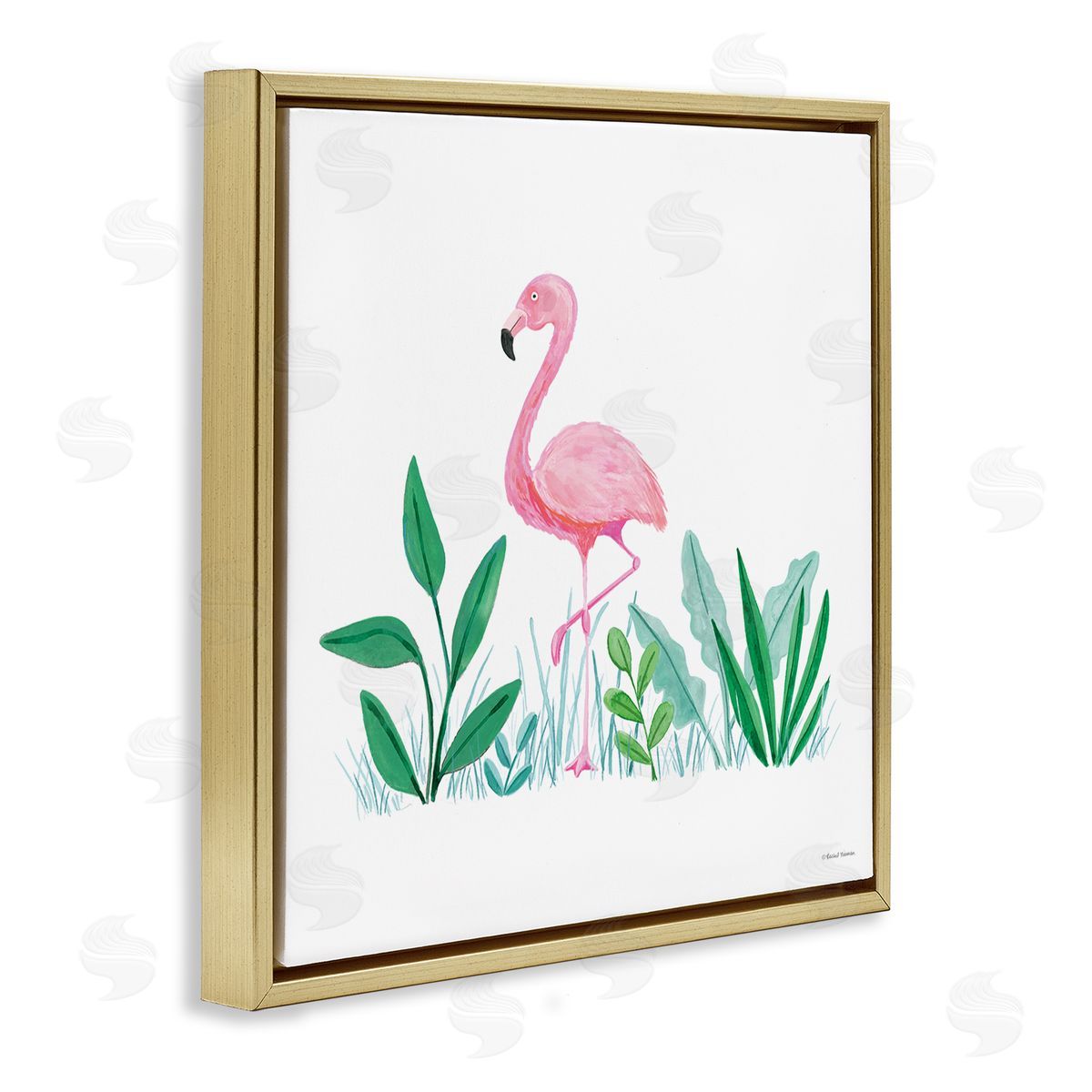 Susan Ball Summer Flamingo & Fronds Gold Floating Frame Canvas Wall Art Print