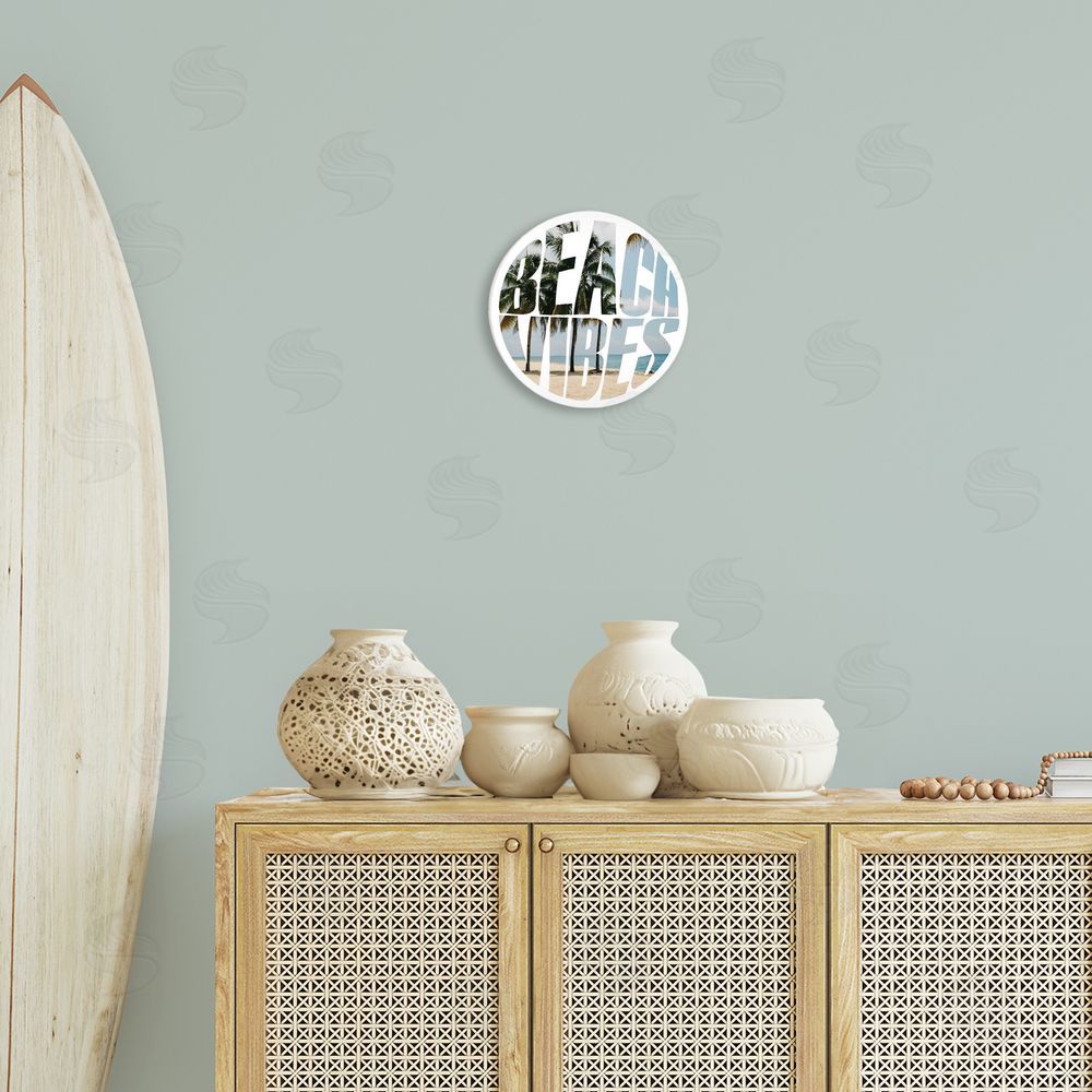 Susan Ball Beach Vibes Typography Round Wall Plaque Art Print in Room