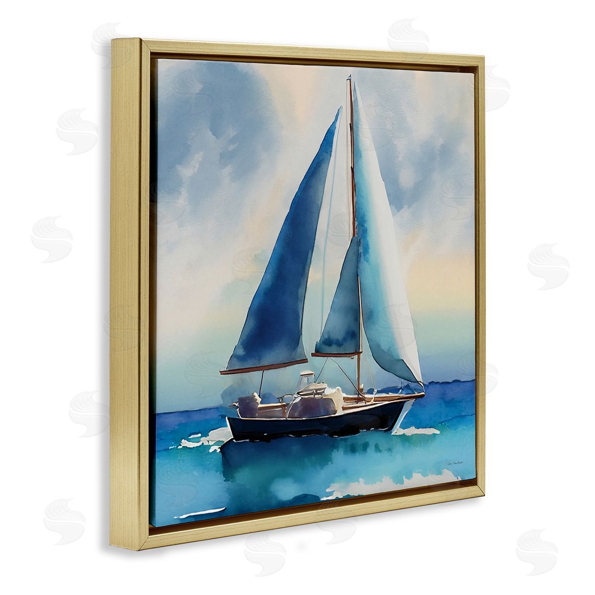 Yass Naffas Designs Watercolor Style Sailboat Gold Floating Frame Canvas Wall Art Print