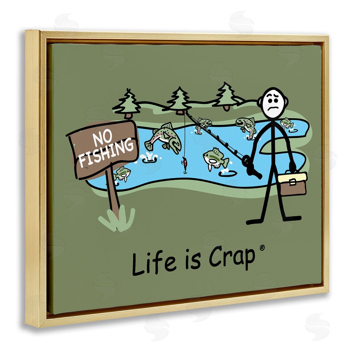 LIC No Fishing at Pond Gold Floating Frame Canvas Wall Art Print