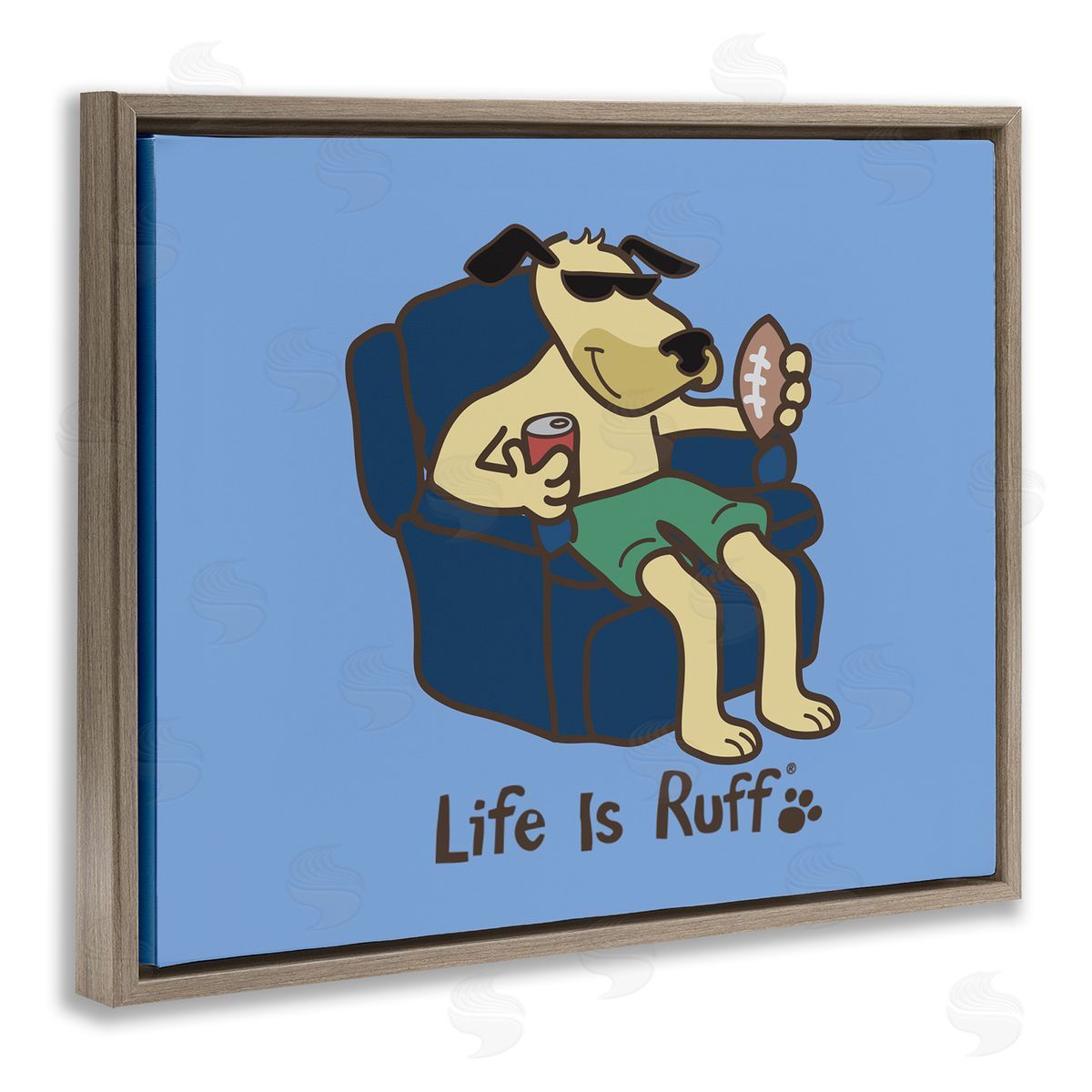 LIR Lounging Dog with Football Brown Floating Frame Canvas Wall Art Print