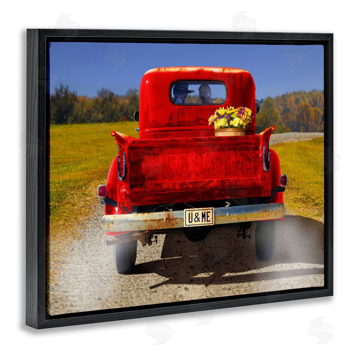 Cowboy in Red Truck Black Floating Frame Canvas Wall Art, Home Decor by Michael Quackenbush