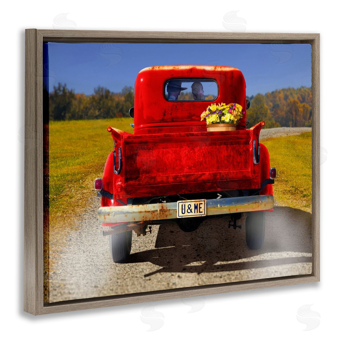 Cowboy in Red Truck Brown Floating Frame Canvas Wall Art, Home Decor by Michael Quackenbush