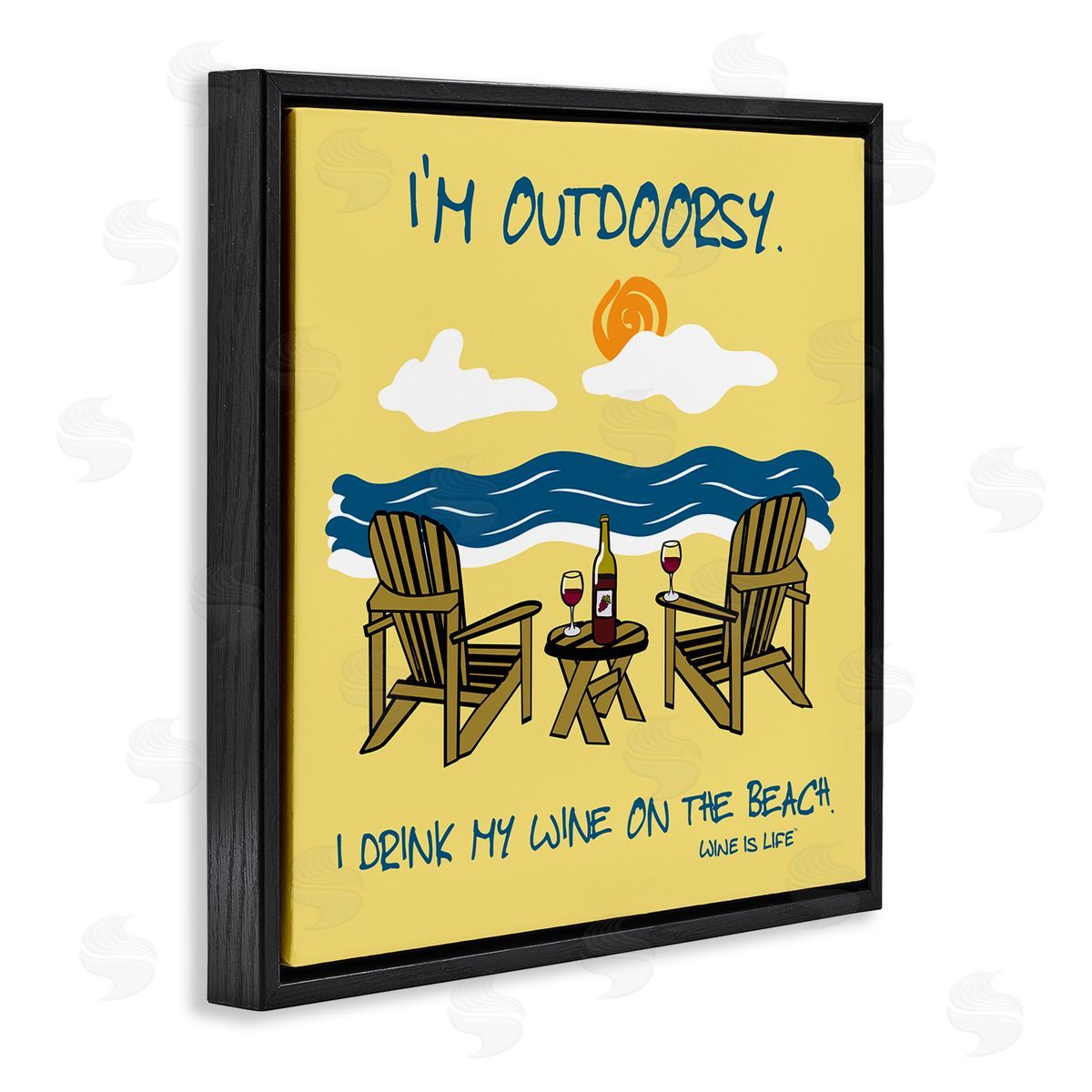 WIL Outdoorsy Wine on Beach Black Floating Frame Canvas Wall Art Print