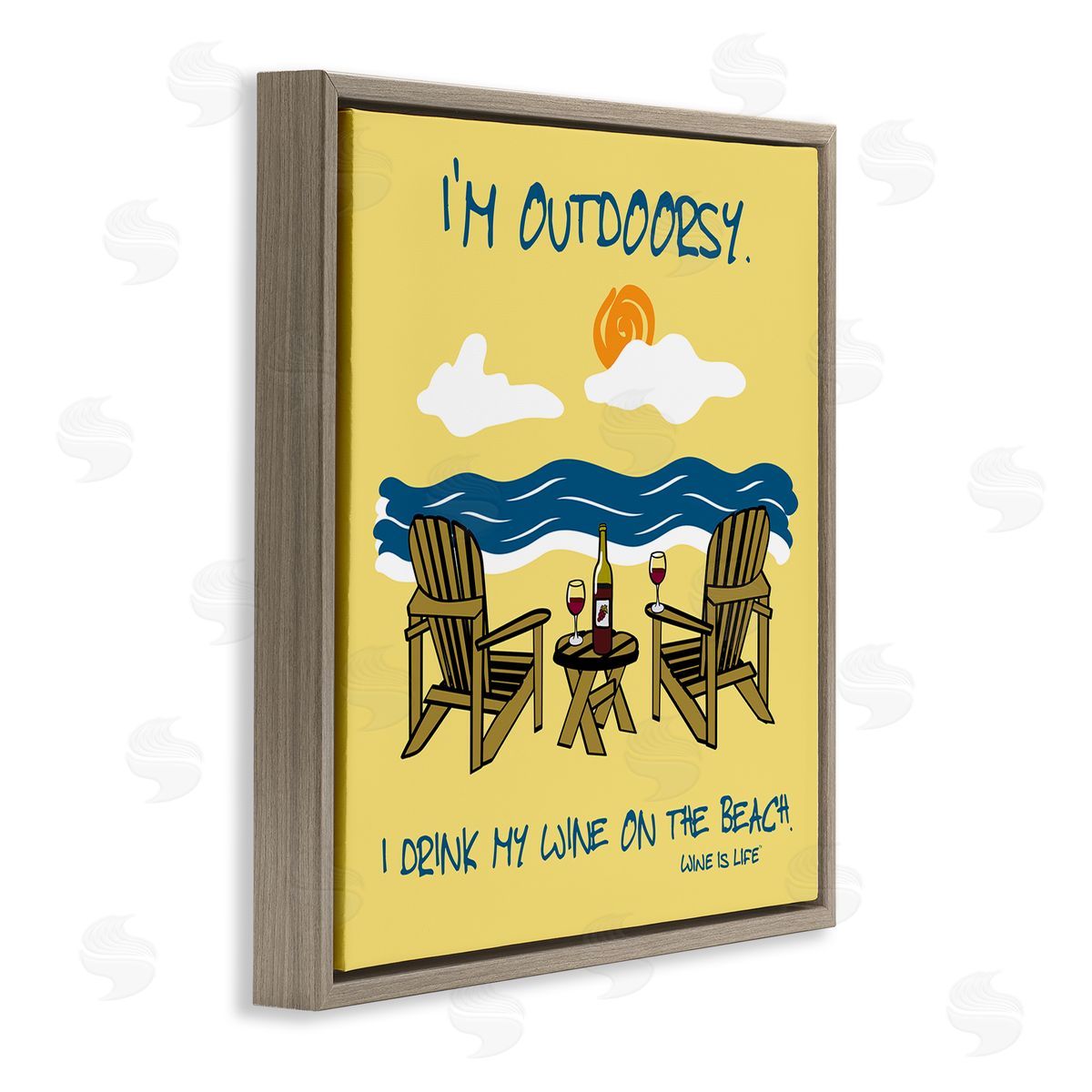 WIL Outdoorsy Wine on Beach Brown Floating Frame Canvas Wall Art Print