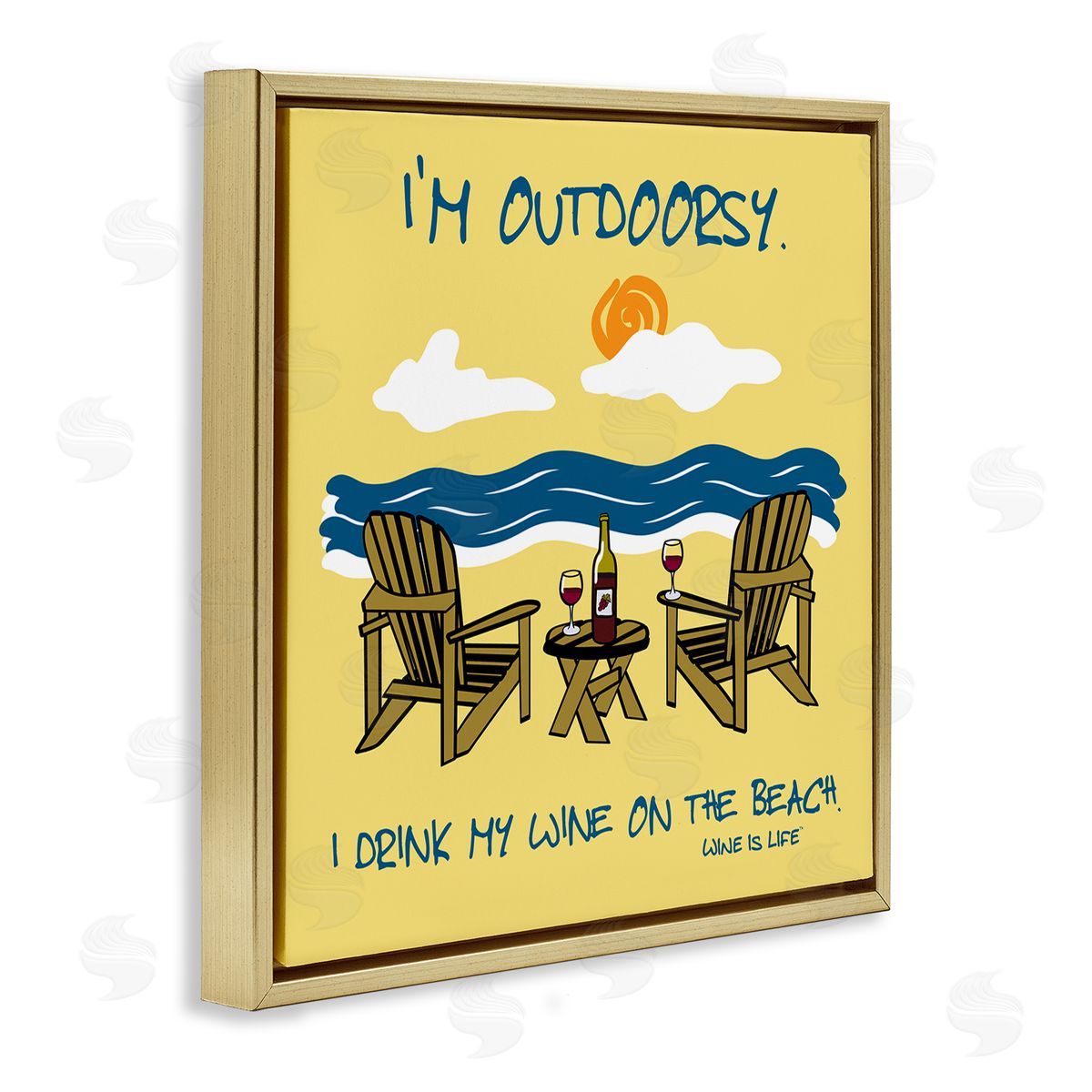 WIL Outdoorsy Wine on Beach Gold Floating Frame Canvas Wall Art Print