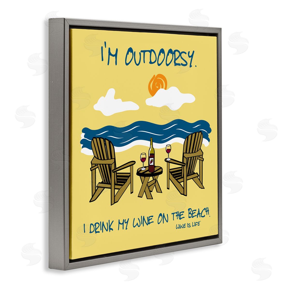WIL Outdoorsy Wine on Beach Gray Floating Frame Canvas Wall Art Print