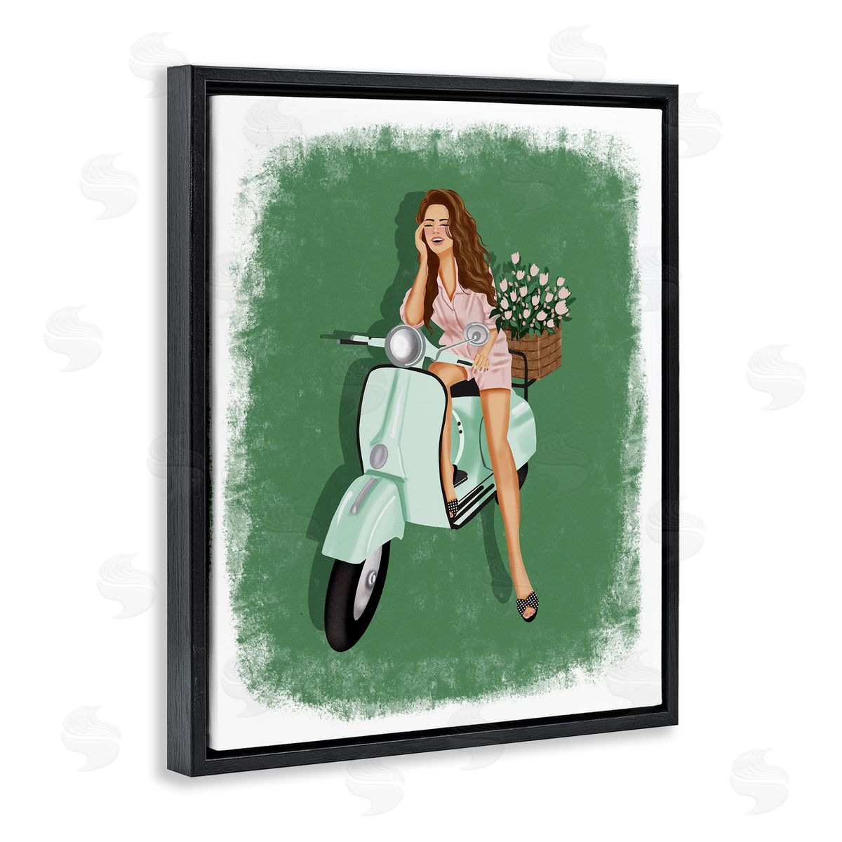 Saba Rauf Laughing Girl on Scooter Black Floating Frame Canvas Wall Art Print