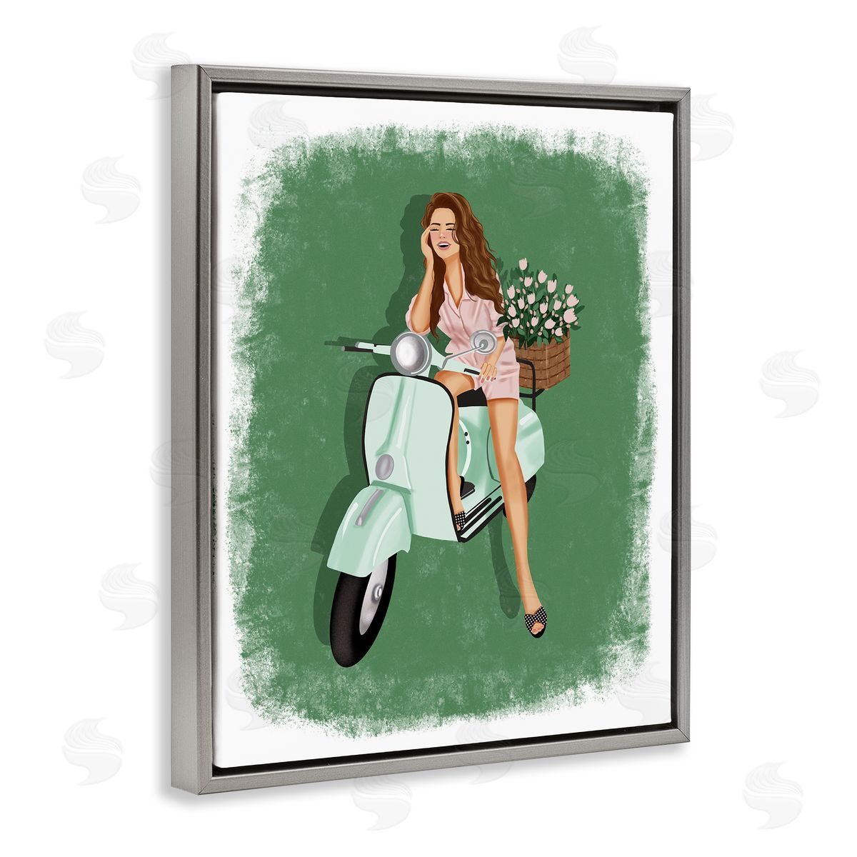 Saba Rauf Laughing Girl on Scooter Gray Floating Frame Canvas Wall Art Print