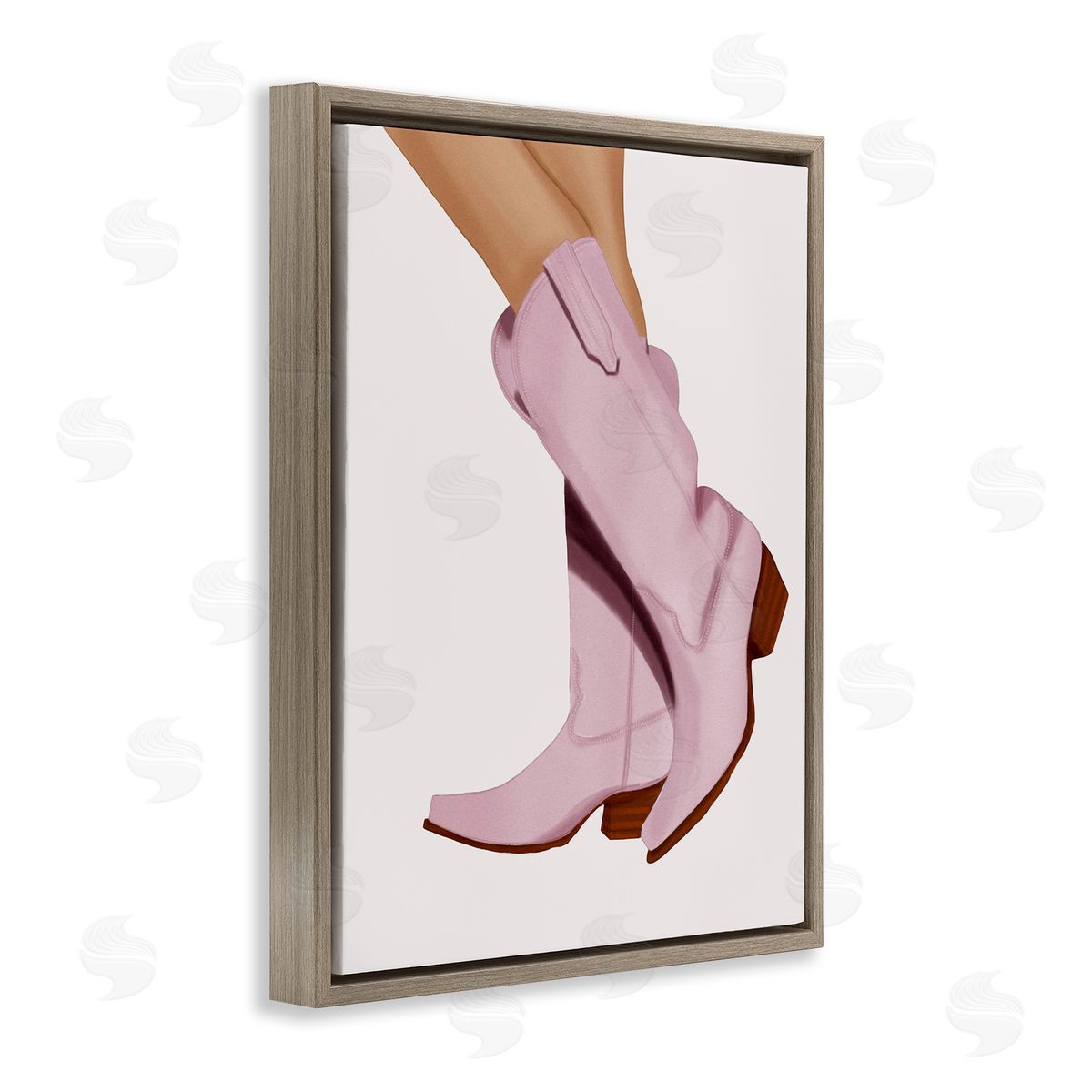 Saba Rauf Pastel Pink Cowgirl Boots Brown Floating Frame Canvas Wall Art Print