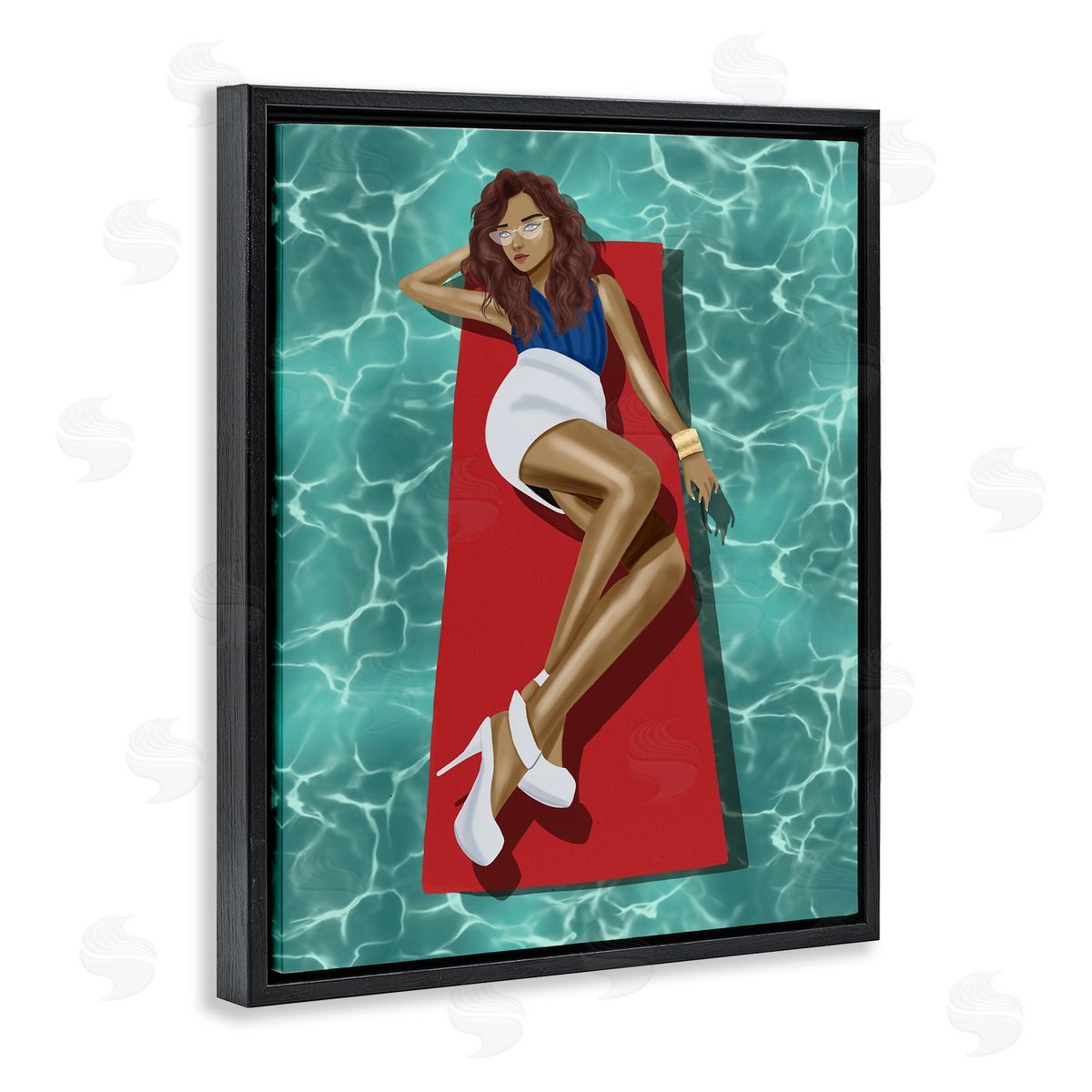Saba Rauf Lounging on Pool Raft Black Floating Frame Canvas Wall Art Print