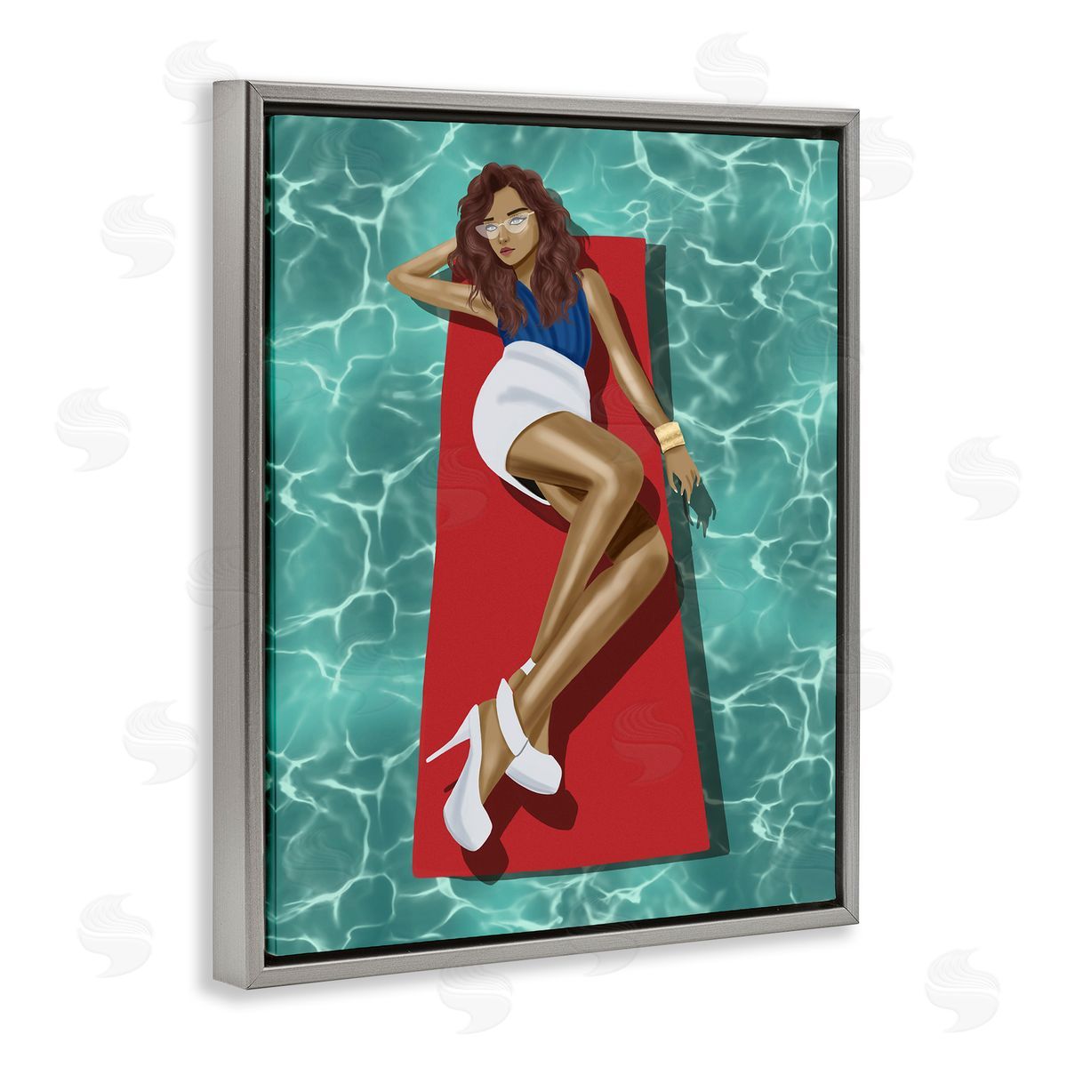 Saba Rauf Lounging on Pool Raft Gray Floating Frame Canvas Wall Art Print