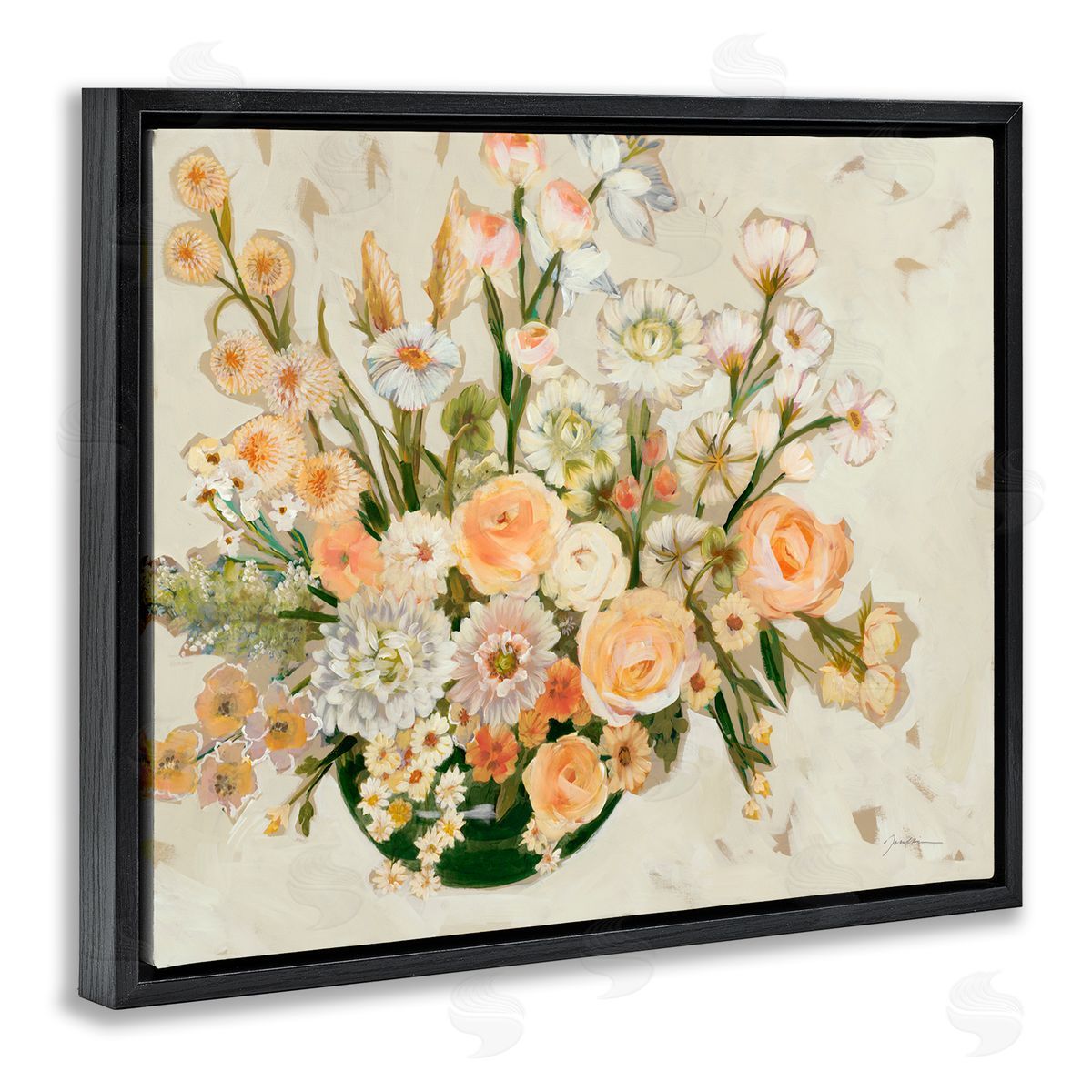Liz Jardine Beige Shabby Chic Flowers Black Floating Frame Canvas Wall Art Print