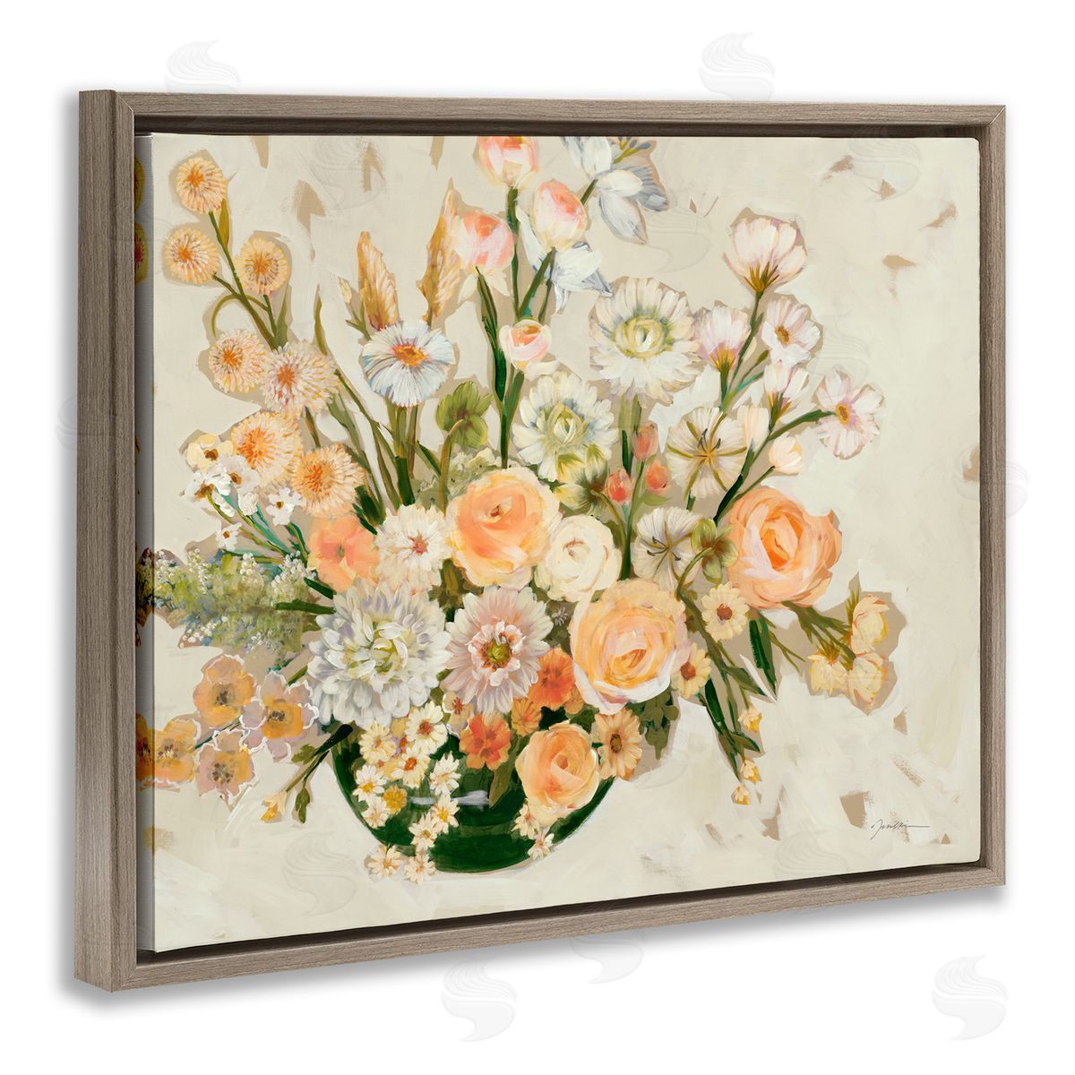 Liz Jardine Beige Shabby Chic Flowers Brown Floating Frame Canvas Wall Art Print