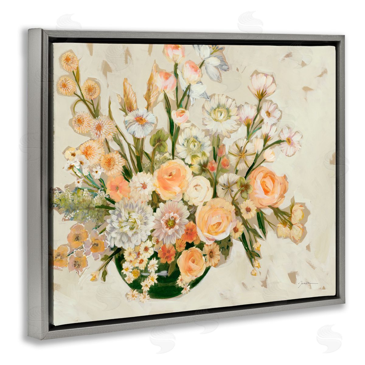 Liz Jardine Beige Shabby Chic Flowers Gray Floating Frame Canvas Wall Art Print