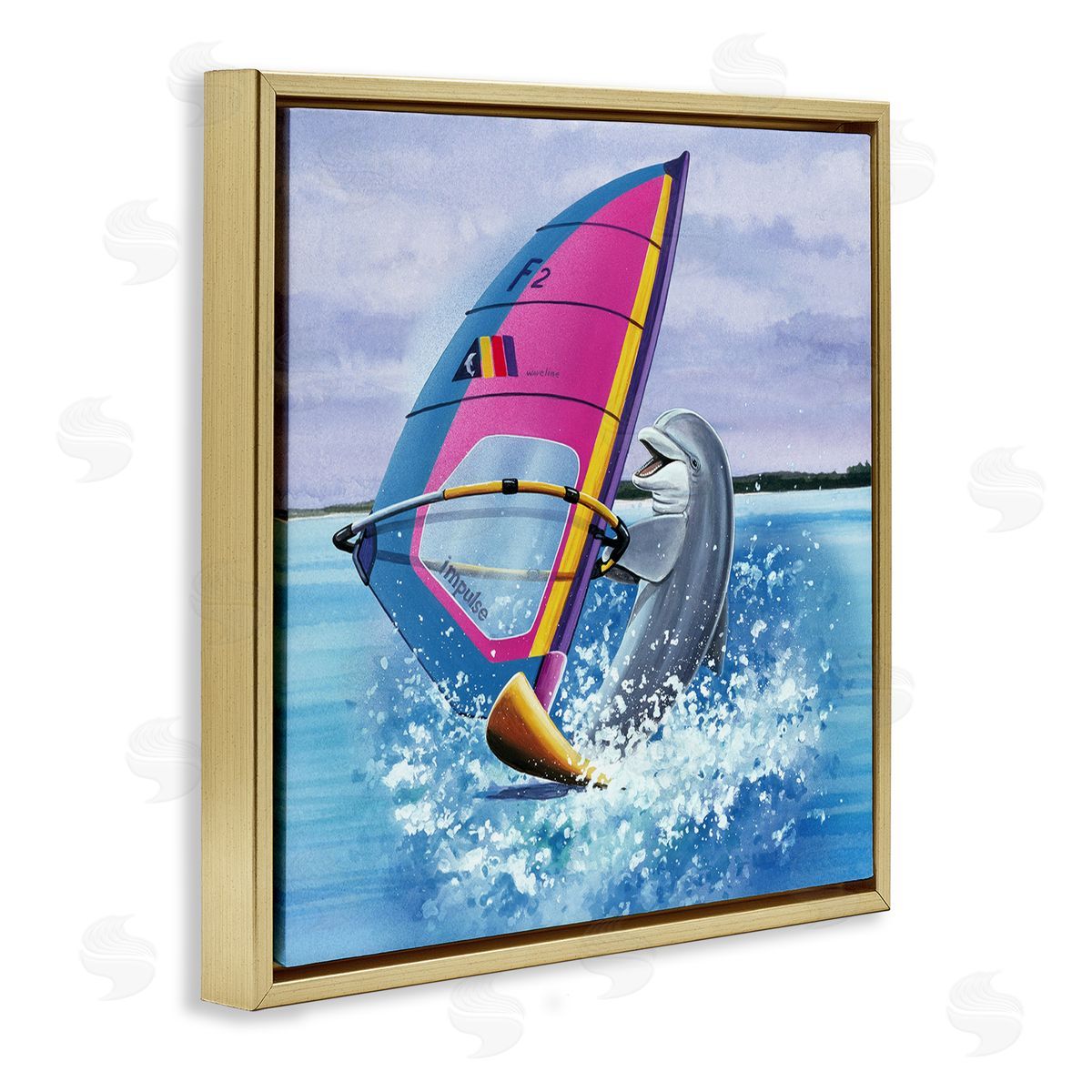 Art Brands Holdings LLC. Wind Surfer Dolphin Gold Floating Frame Canvas Wall Art Print