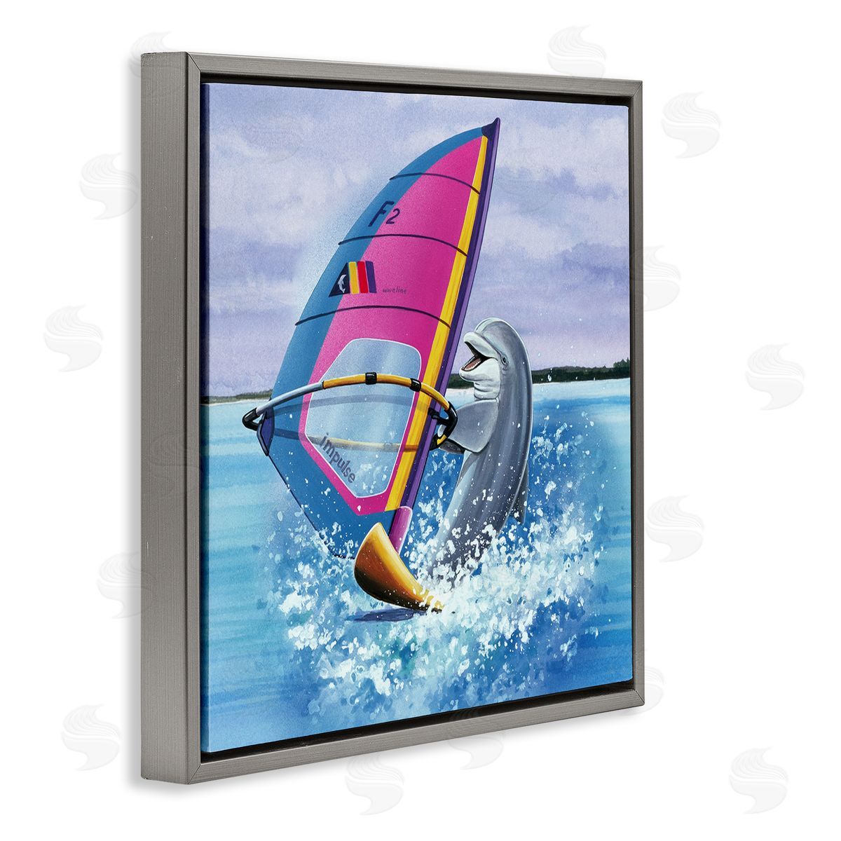 Art Brands Holdings LLC. Wind Surfer Dolphin Gray Floating Frame Canvas Wall Art Print