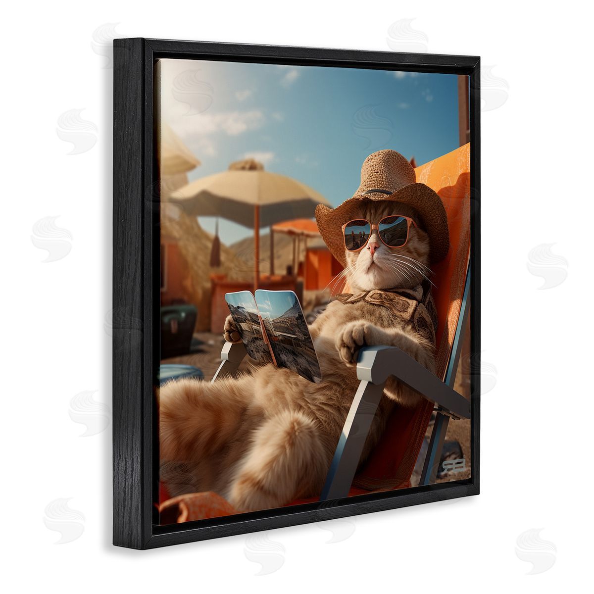 RB Relaxing Cat Lounge Chair Black Floating Frame Canvas Wall Art Print