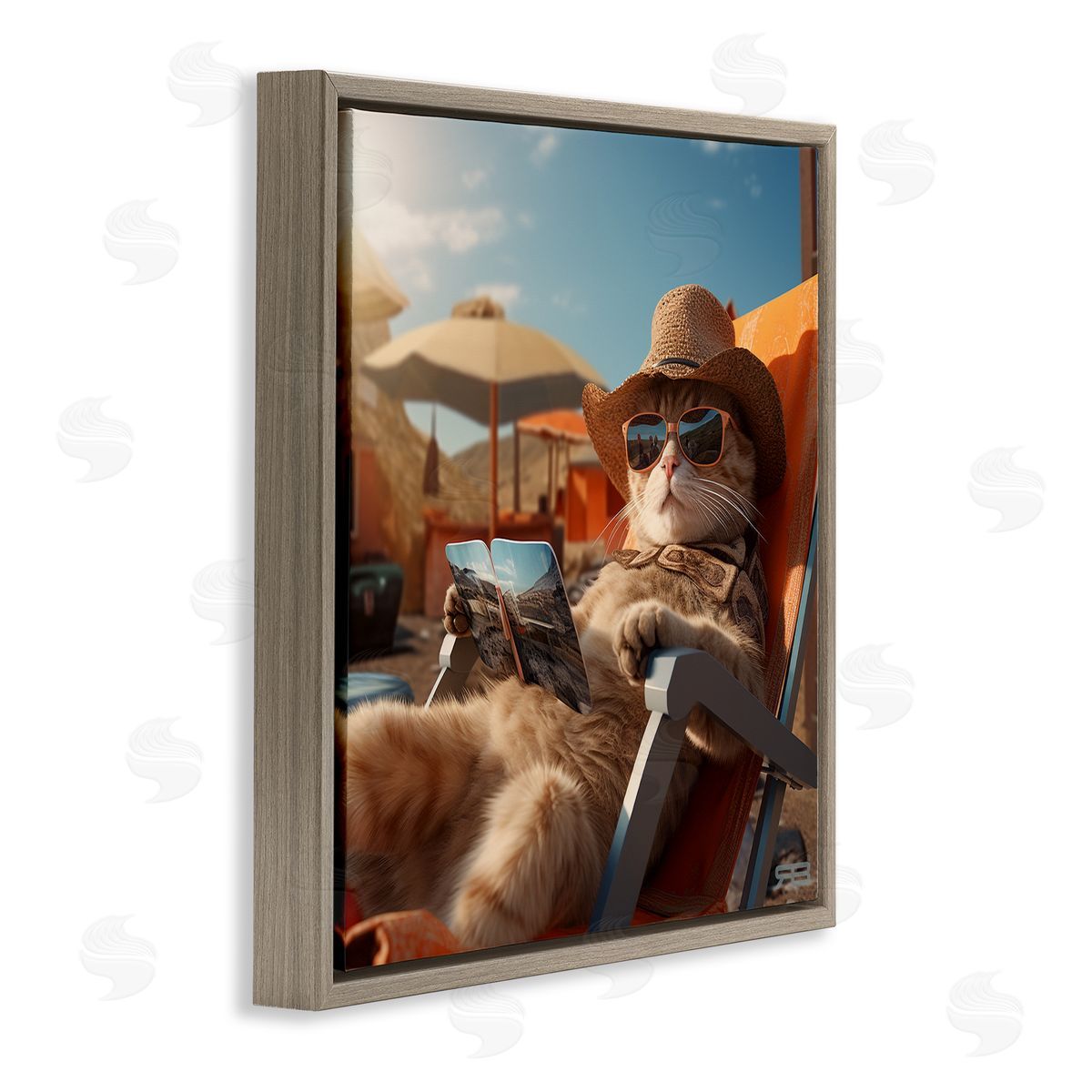 RB Relaxing Cat Lounge Chair Brown Floating Frame Canvas Wall Art Print